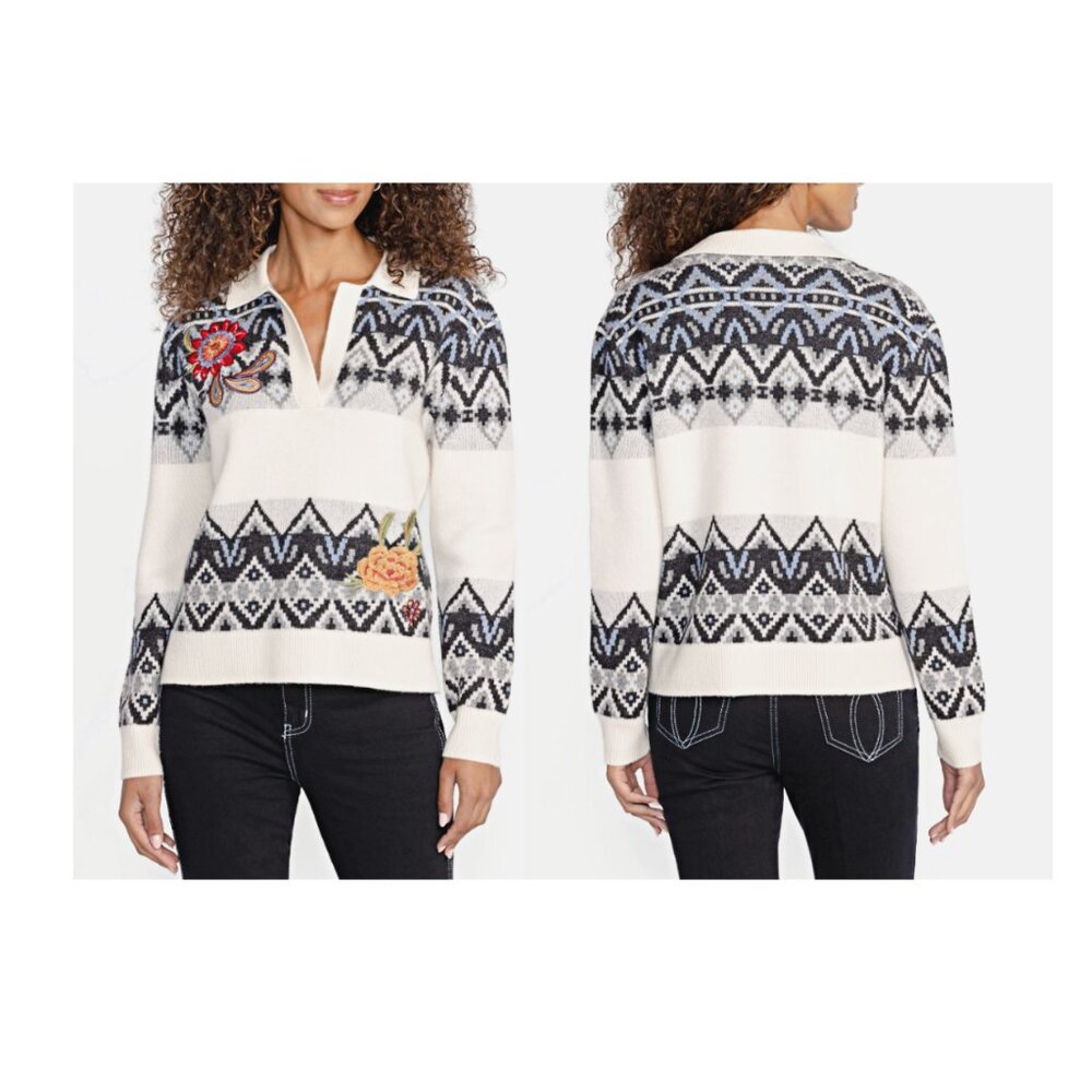 Johnny Was Sezana The Fairisle Polo Wool-Cashmere-Blend Sweater Ecru sz XL $398